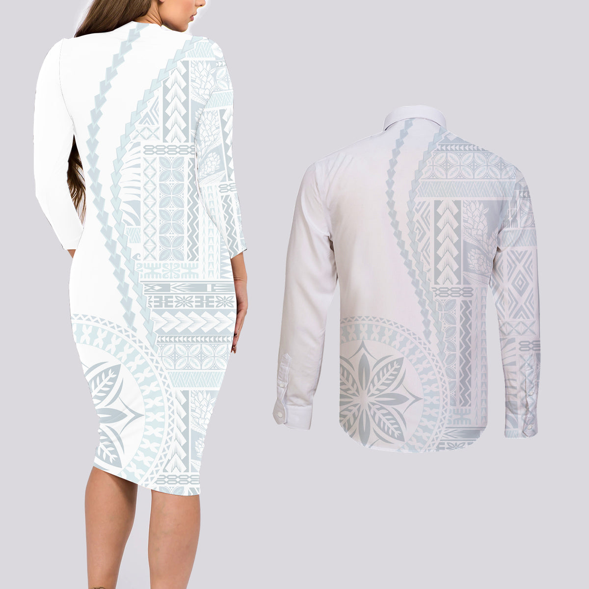 Samoa White Sunday Couples Matching Long Sleeve Bodycon Dress and Long Sleeve Button Shirt Classic Siapo Style LT7 - Polynesian Pride