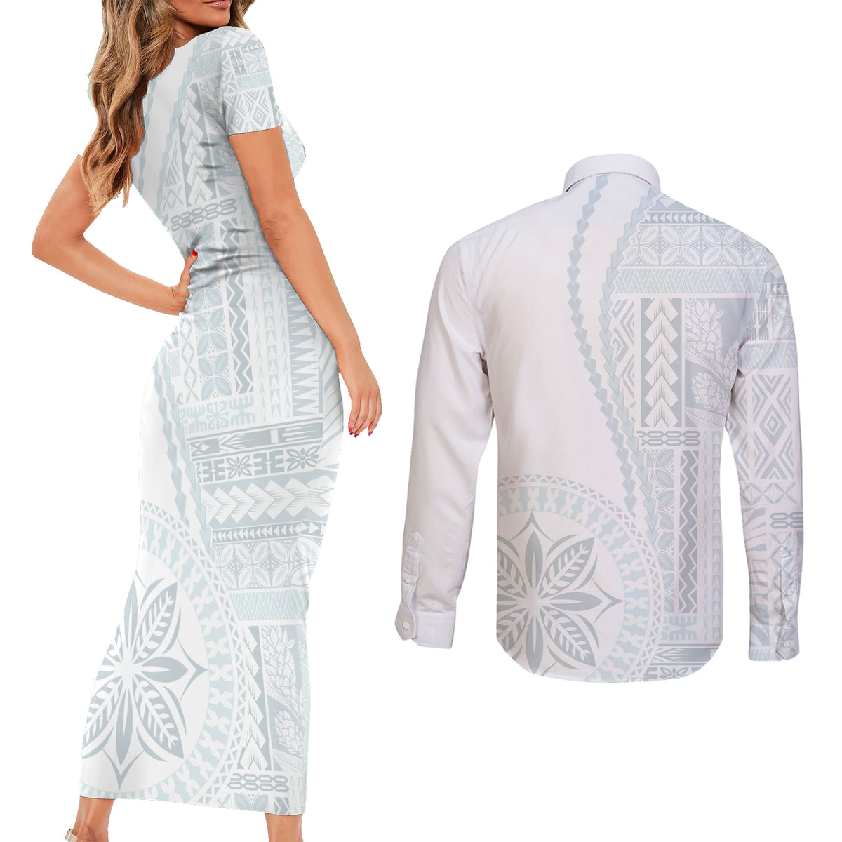 Samoa White Sunday Couples Matching Short Sleeve Bodycon Dress and Long Sleeve Button Shirt Classic Siapo Style LT7 - Polynesian Pride