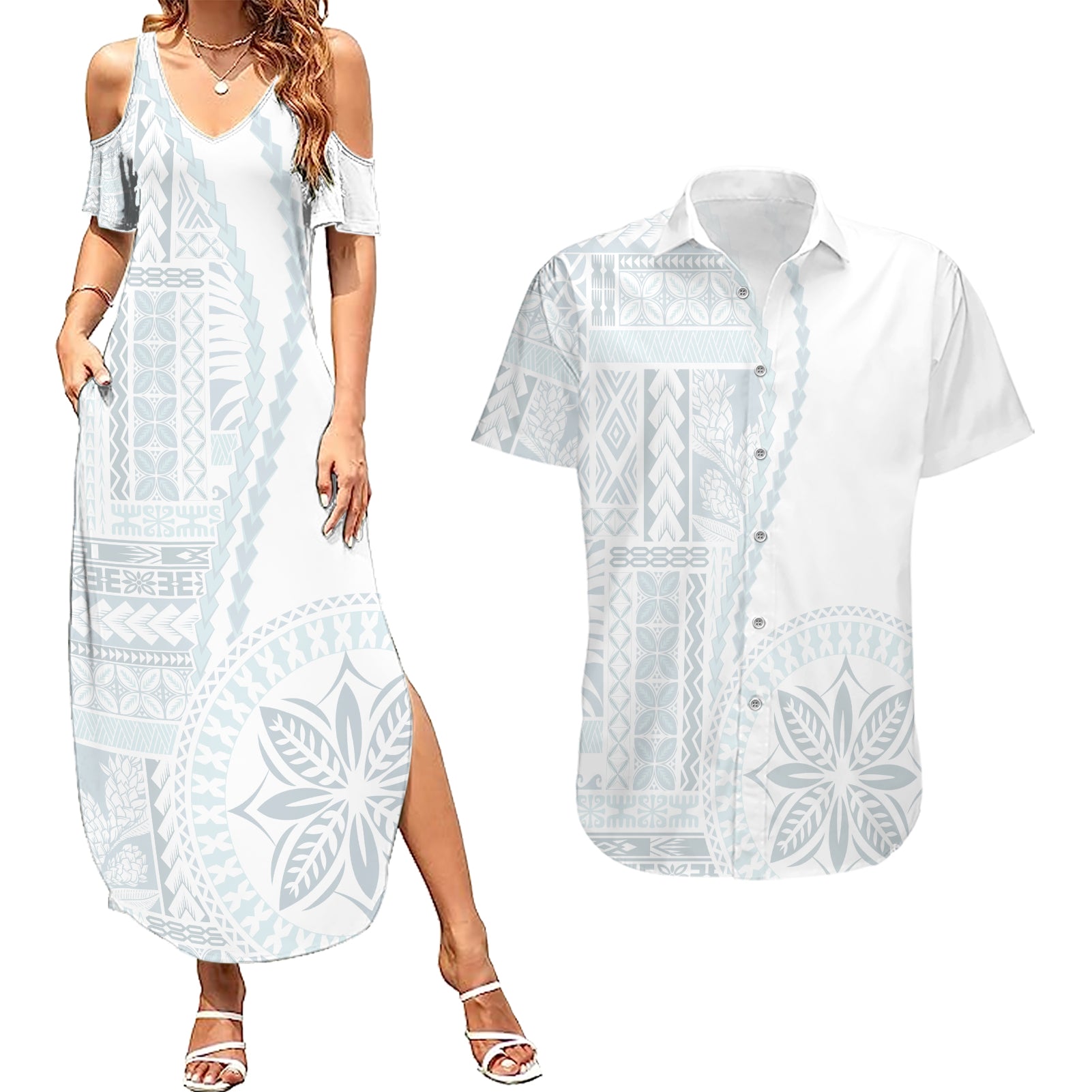 Samoa White Sunday Couples Matching Summer Maxi Dress and Hawaiian Shirt Classic Siapo Style LT7 White - Polynesian Pride