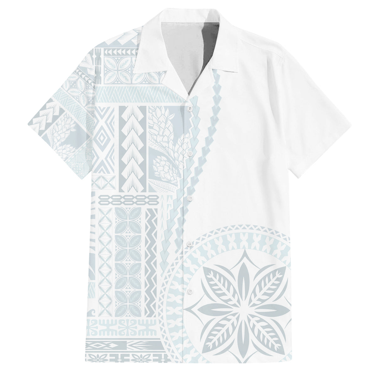 Samoa White Sunday Family Matching Off Shoulder Long Sleeve Dress and Hawaiian Shirt Classic Siapo Style LT7 Dad's Shirt - Short Sleeve White - Polynesian Pride