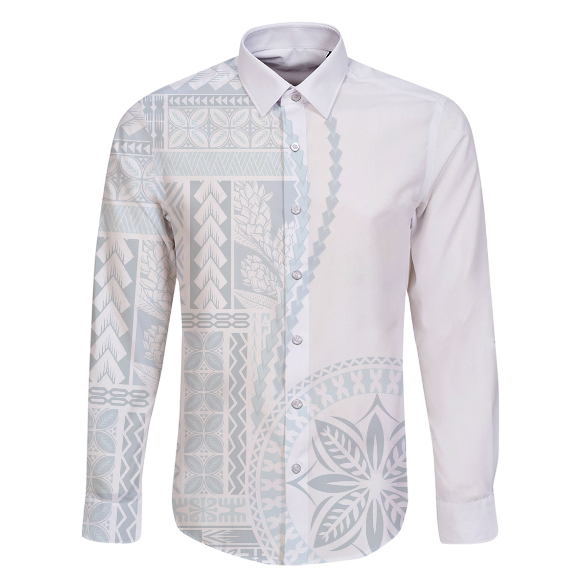 Samoa White Sunday Family Matching Off Shoulder Long Sleeve Dress and Hawaiian Shirt Classic Siapo Style LT7 Dad's Shirt - Long Sleeve White - Polynesian Pride