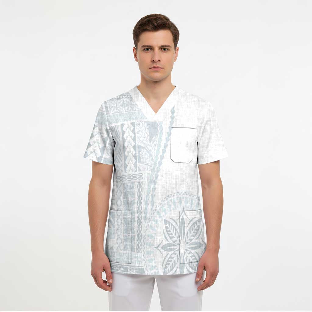 Samoa White Sunday Scrub Top Classic Siapo Style - Polynesian Pride