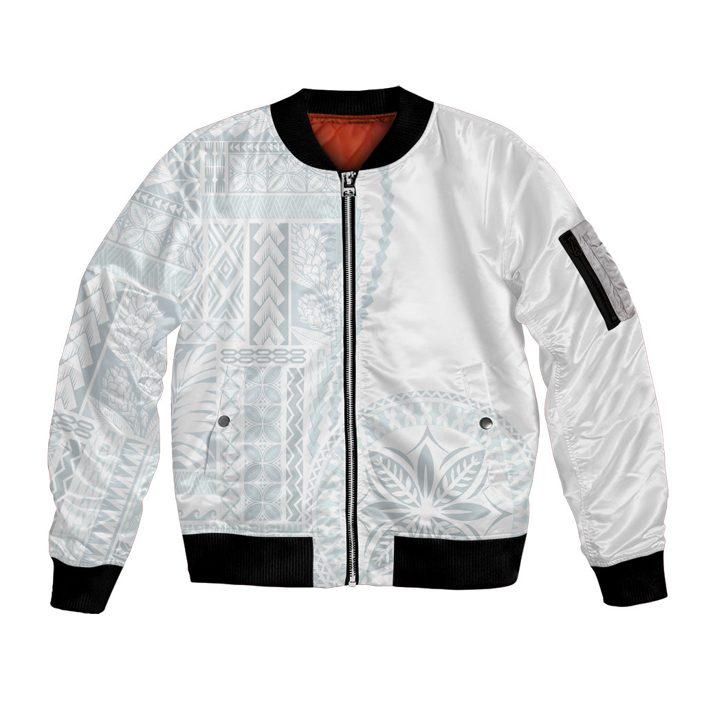 Samoa White Sunday Sleeve Zip Bomber Jacket Classic Siapo Style LT7 Unisex White - Polynesian Pride