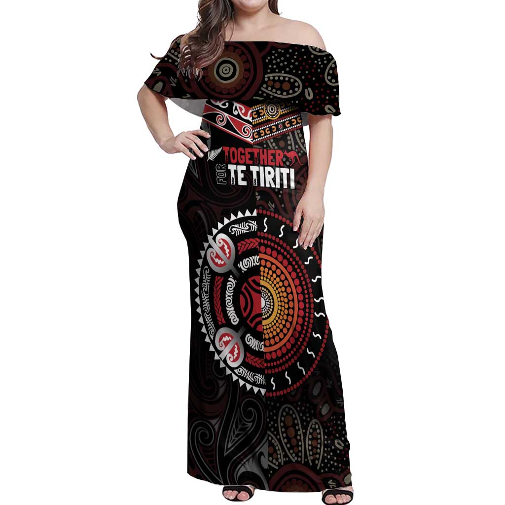 Aotearoa and Australia Indigenous Off Shoulder Maxi Dress Stand Together For Te Tiriti LT7 Women Black - Polynesian Pride