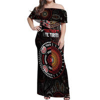 Aotearoa and Australia Indigenous Off Shoulder Maxi Dress Stand Together For Te Tiriti LT7 Women Black - Polynesian Pride