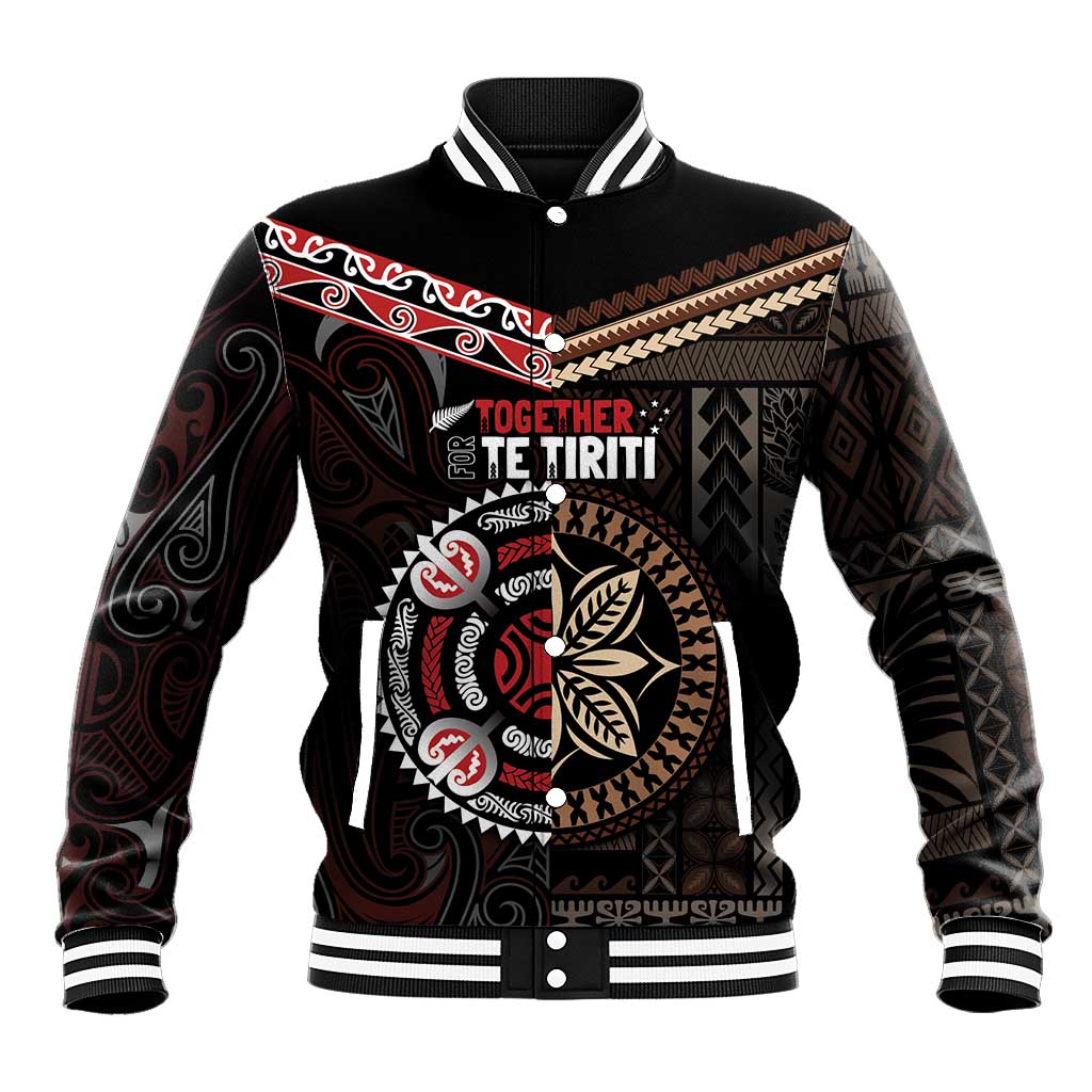 Aotearoa and Samoa Together For Te Tiriti Baseball Jacket Kowhaiwhai Mix Siapo LT7 Unisex Black - Polynesian Pride
