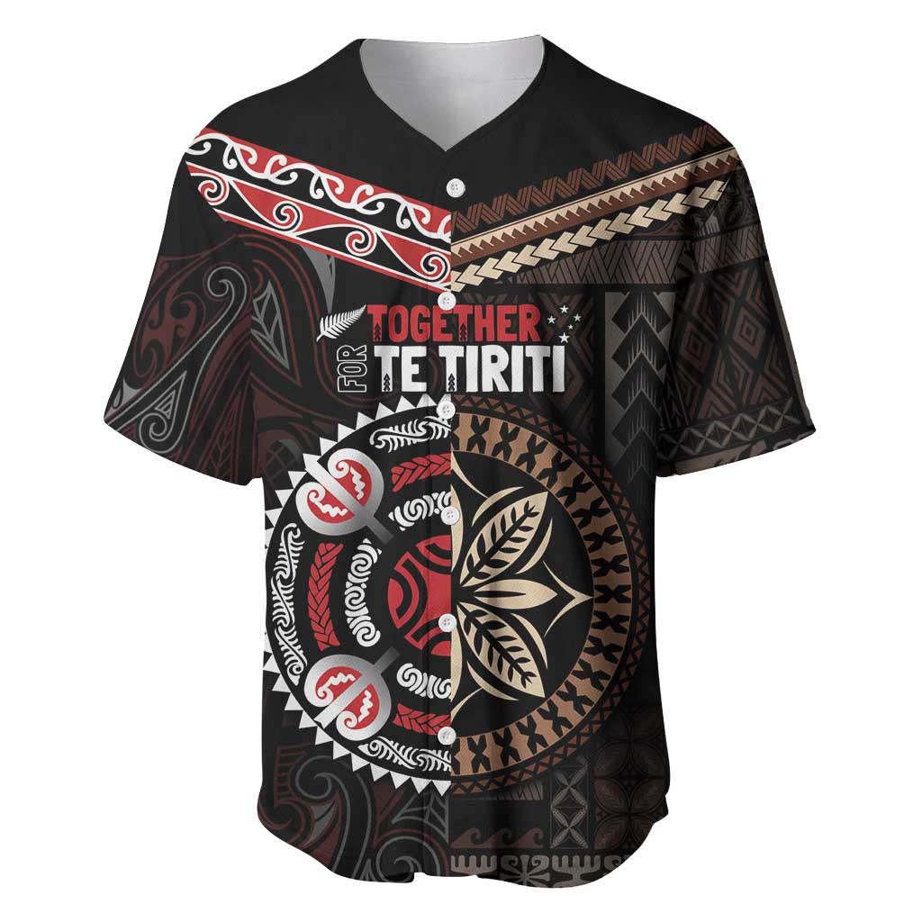 Aotearoa and Samoa Together For Te Tiriti Baseball Jersey Kowhaiwhai Mix Siapo LT7 Black - Polynesian Pride