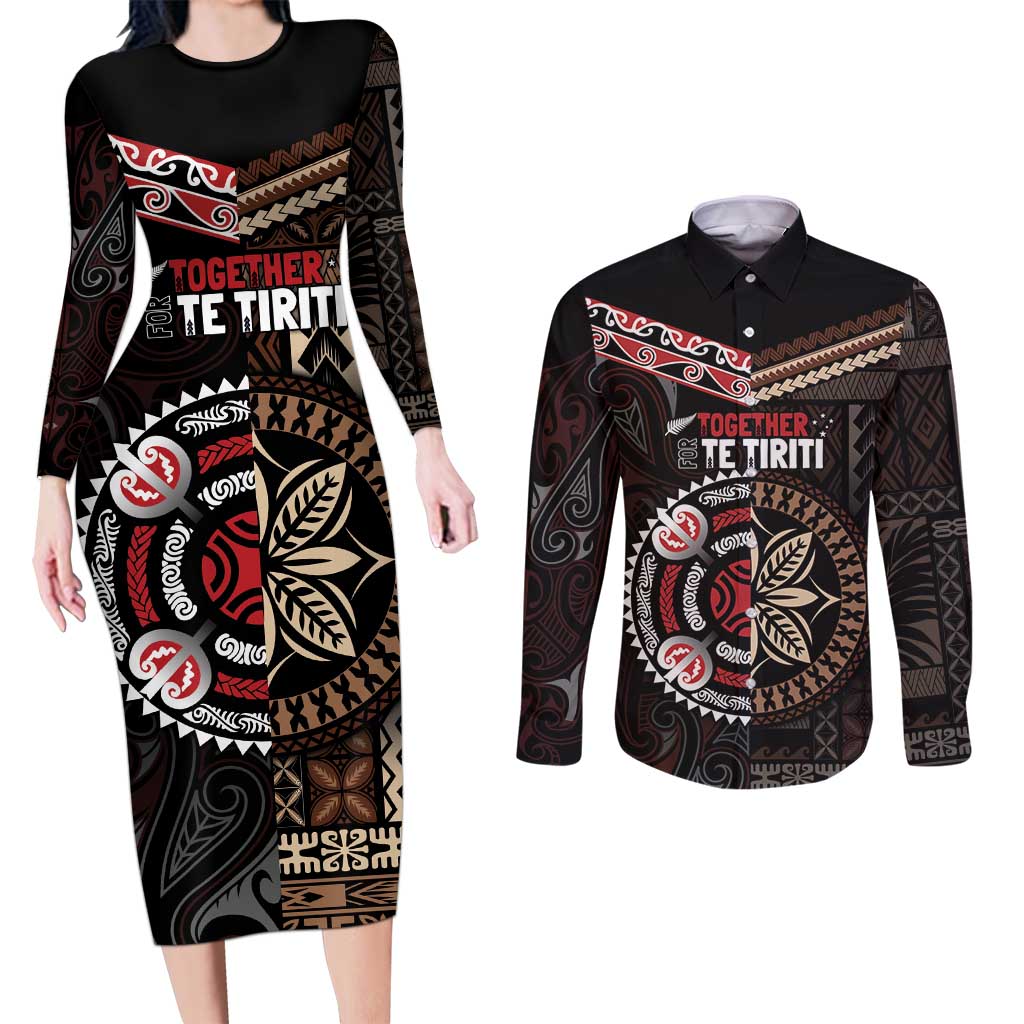 Aotearoa and Samoa Together For Te Tiriti Couples Matching Long Sleeve Bodycon Dress and Long Sleeve Button Shirt Kowhaiwhai Mix Siapo