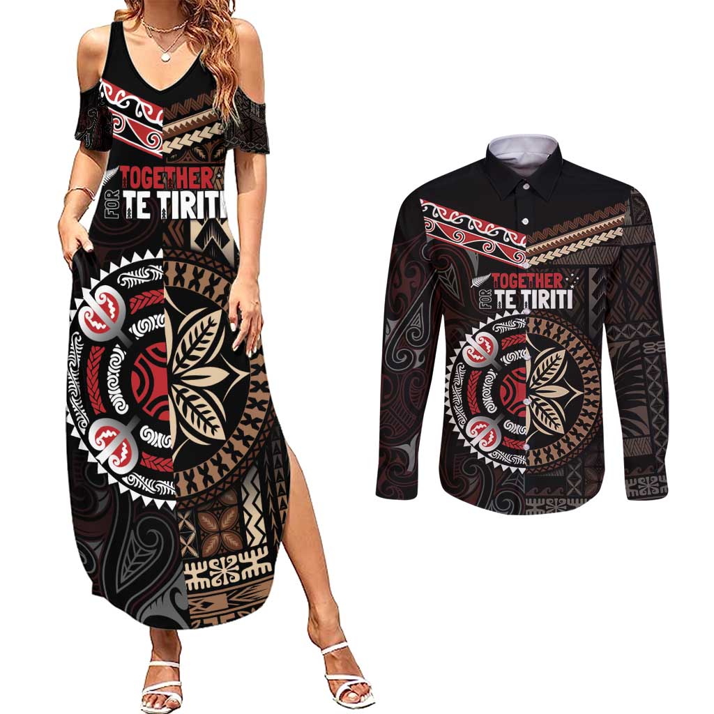 Aotearoa and Samoa Together For Te Tiriti Couples Matching Summer Maxi Dress and Long Sleeve Button Shirt Kowhaiwhai Mix Siapo
