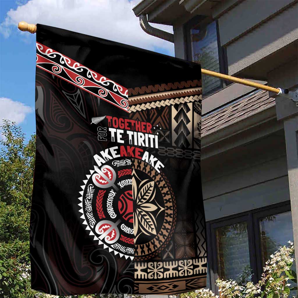 Aotearoa and Samoa Together For Te Tiriti Garden Flag Kowhaiwhai Mix Siapo LT7 - Polynesian Pride