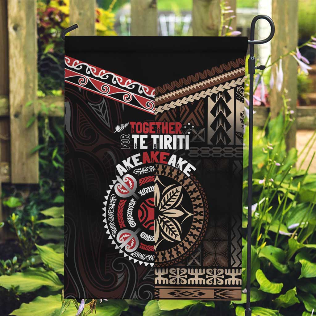 Aotearoa and Samoa Together For Te Tiriti Garden Flag Kowhaiwhai Mix Siapo LT7 Garden Flag Black - Polynesian Pride