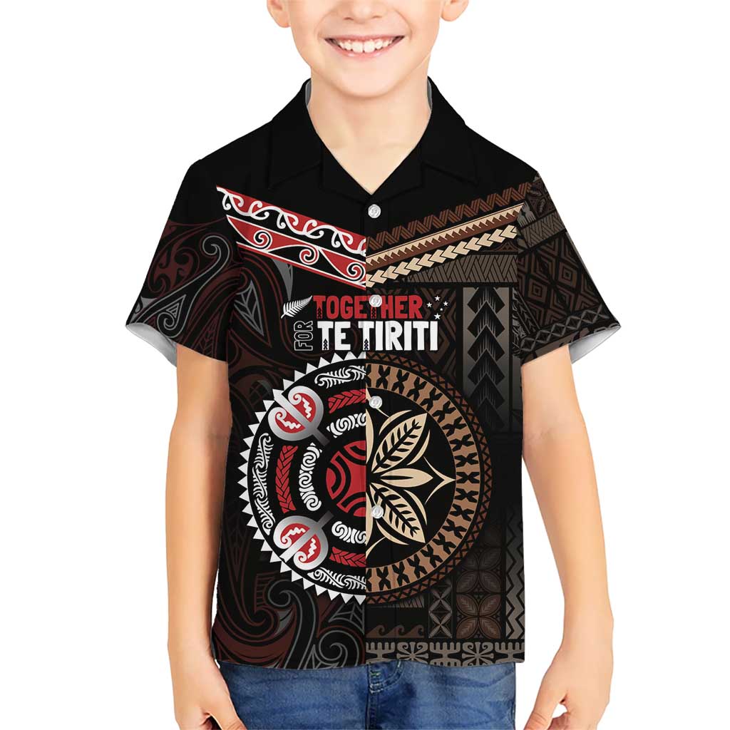 Aotearoa and Samoa Together For Te Tiriti Kid Hawaiian Shirt Kowhaiwhai Mix Siapo LT7 Kid Black - Polynesian Pride
