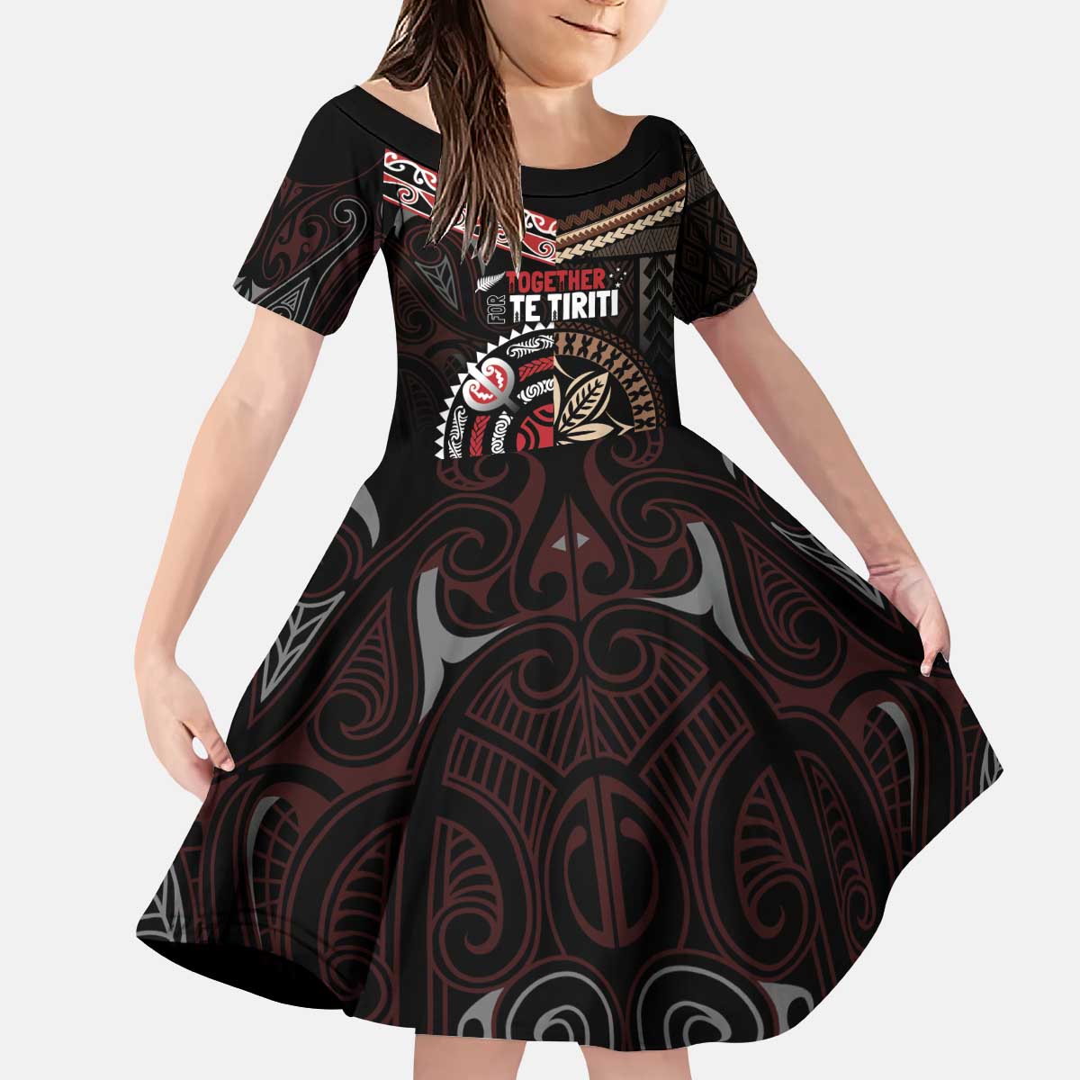 Aotearoa and Samoa Together For Te Tiriti Kid Short Sleeve Dress Kowhaiwhai Mix Siapo LT7 KID Black - Polynesian Pride