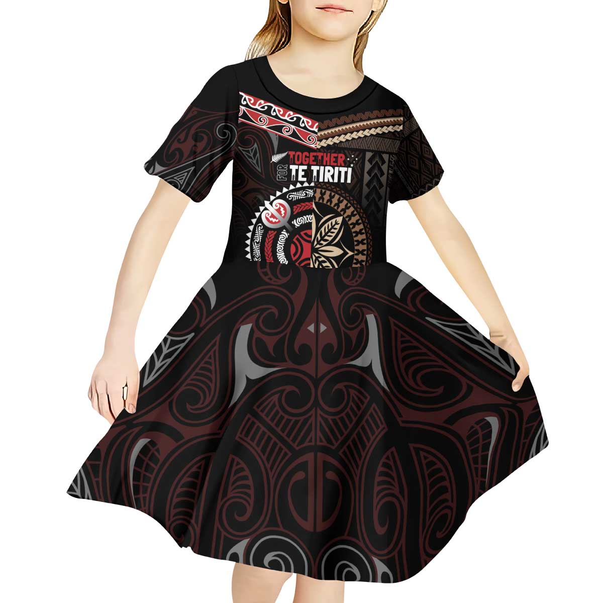 Aotearoa and Samoa Together For Te Tiriti Kid Short Sleeve Dress Kowhaiwhai Mix Siapo LT7 - Polynesian Pride