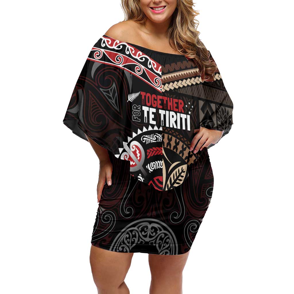 Aotearoa and Samoa Together For Te Tiriti Off Shoulder Short Dress Kowhaiwhai Mix Siapo LT7 Women Black - Polynesian Pride