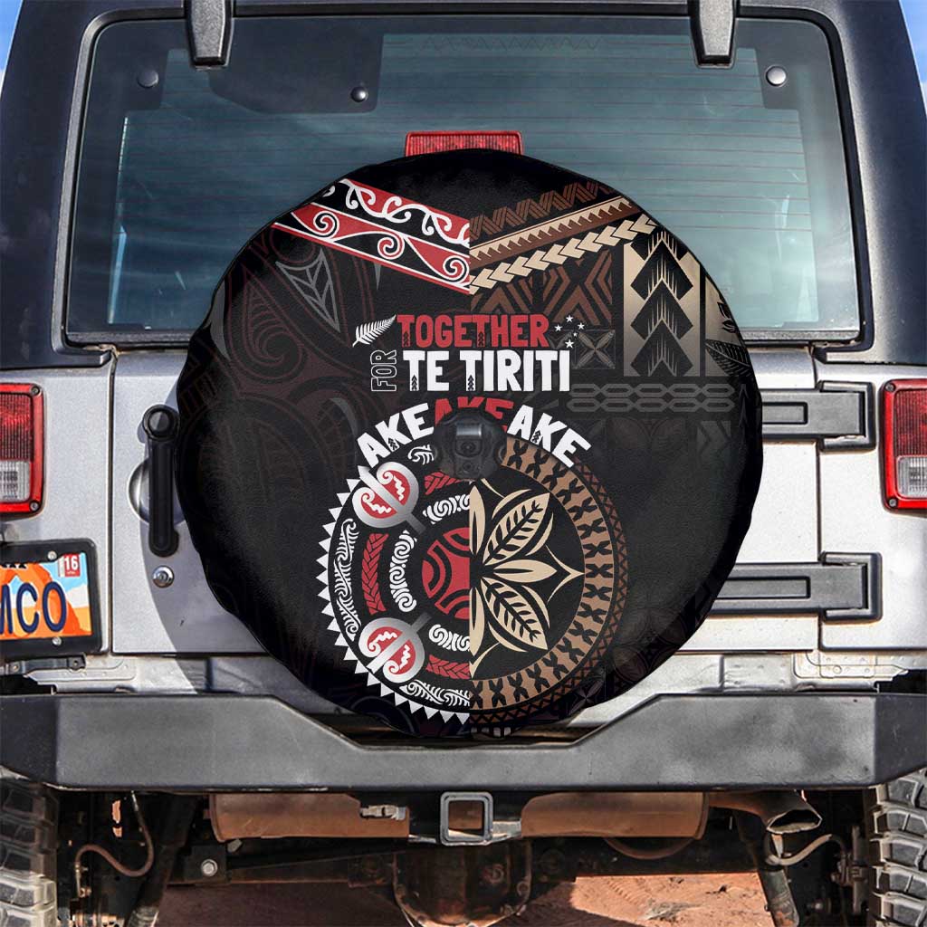 Aotearoa and Samoa Together For Te Tiriti Spare Tire Cover Kowhaiwhai Mix Siapo LT7 Black - Polynesian Pride