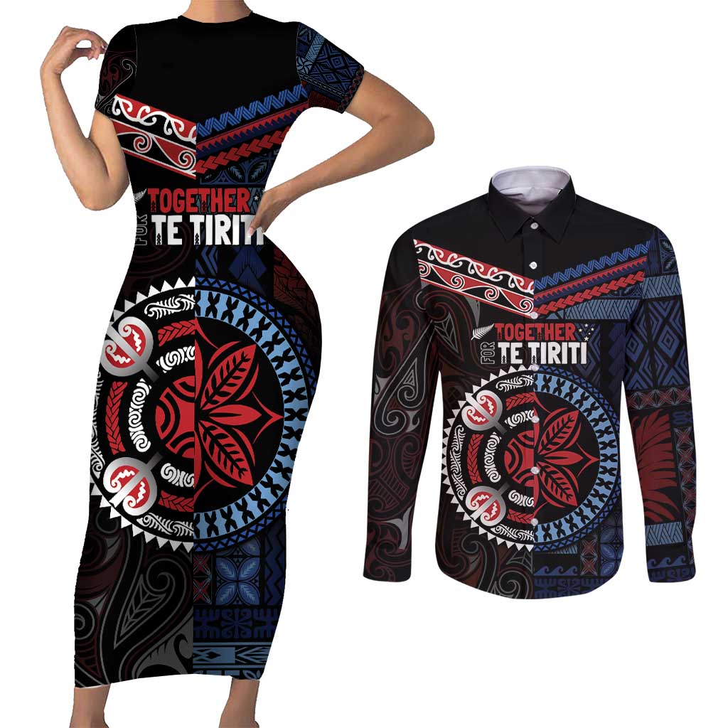 Aotearoa and Samoa Together For Te Tiriti Couples Matching Short Sleeve Bodycon Dress and Long Sleeve Button Shirt Kowhaiwhai Mix Siapo - Flag Color