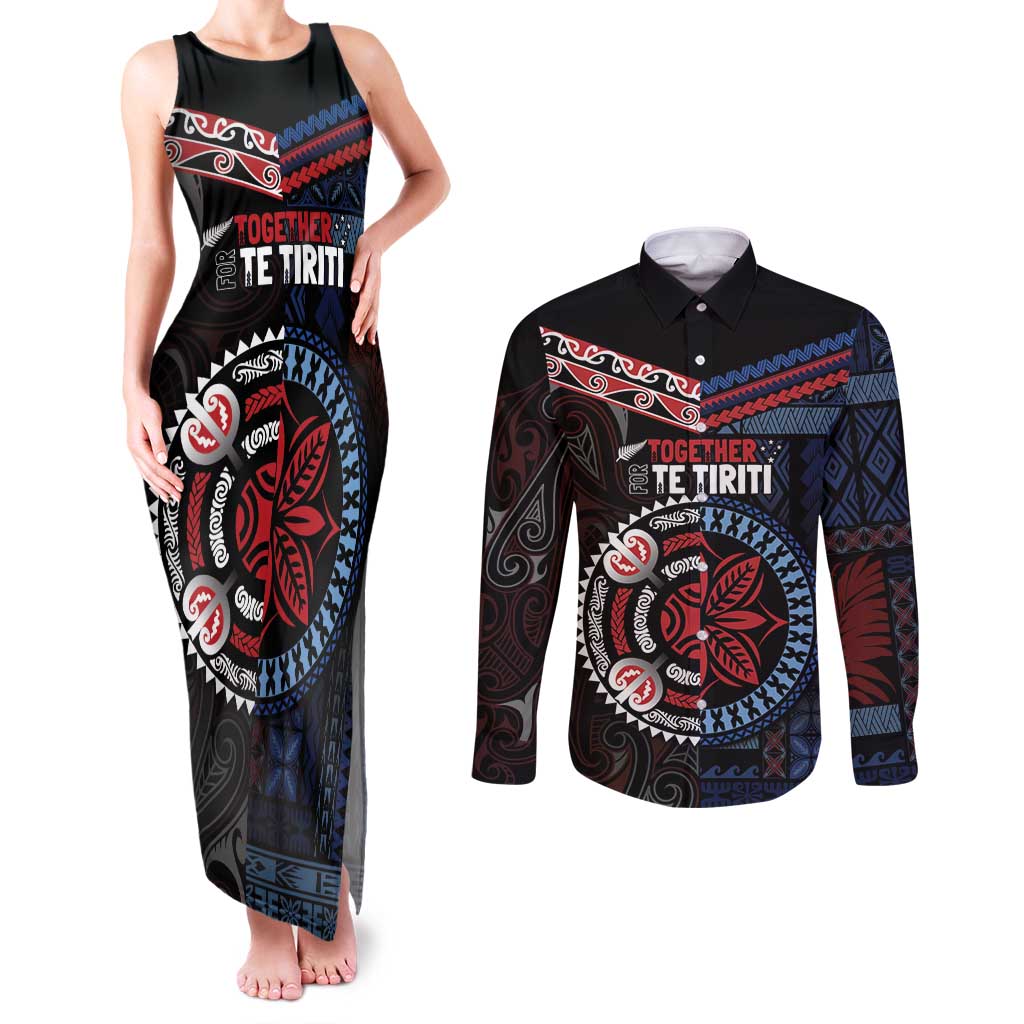 Aotearoa and Samoa Together For Te Tiriti Couples Matching Tank Maxi Dress and Long Sleeve Button Shirt Kowhaiwhai Mix Siapo - Flag Color