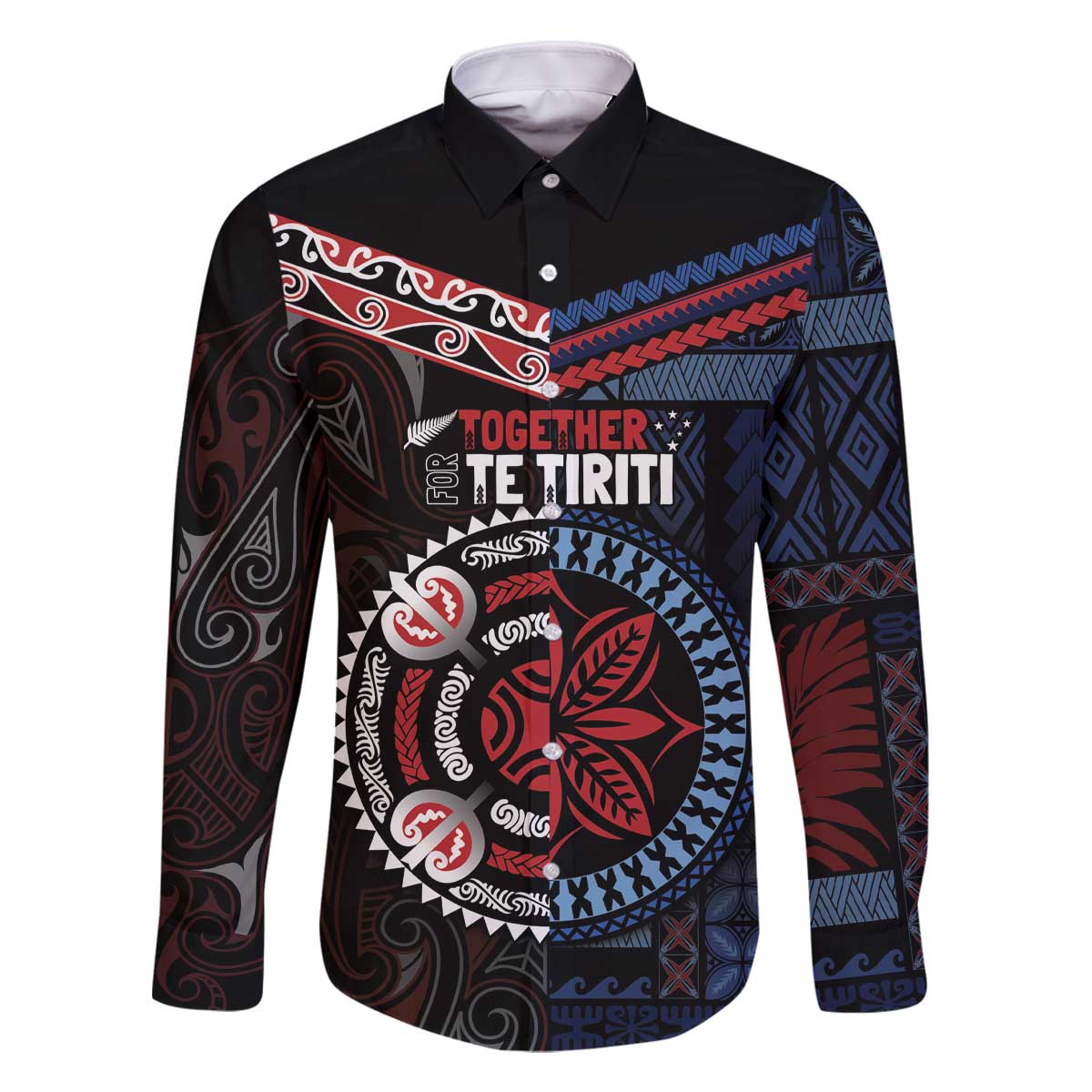 Aotearoa and Samoa Together For Te Tiriti Family Matching Off The Shoulder Long Sleeve Dress and Hawaiian Shirt Kowhaiwhai Mix Siapo - Flag Color