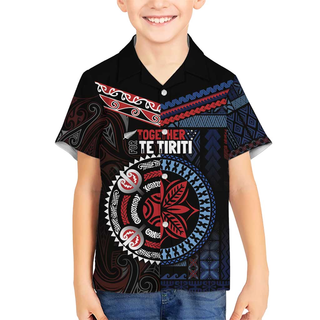 Aotearoa and Samoa Together For Te Tiriti Kid Hawaiian Shirt Kowhaiwhai Mix Siapo - Flag Color LT7 Kid Black - Polynesian Pride