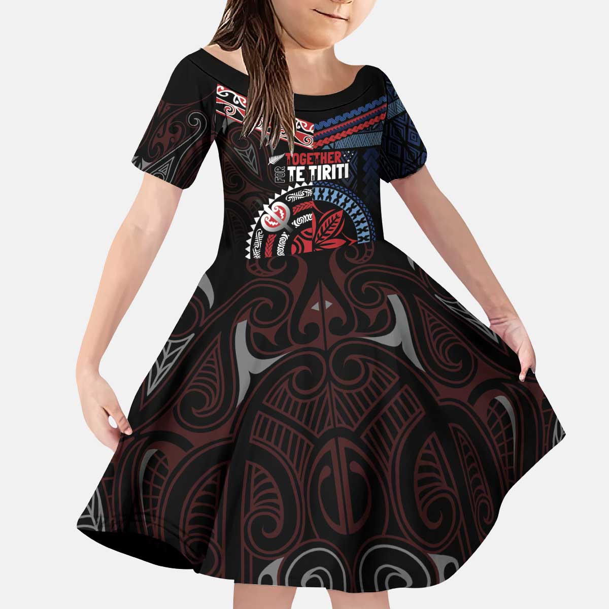 Aotearoa and Samoa Together For Te Tiriti Kid Short Sleeve Dress Kowhaiwhai Mix Siapo - Flag Color LT7 KID Black - Polynesian Pride