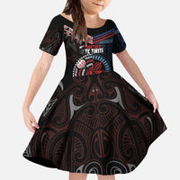 Aotearoa and Samoa Together For Te Tiriti Kid Short Sleeve Dress Kowhaiwhai Mix Siapo - Flag Color LT7 KID Black - Polynesian Pride