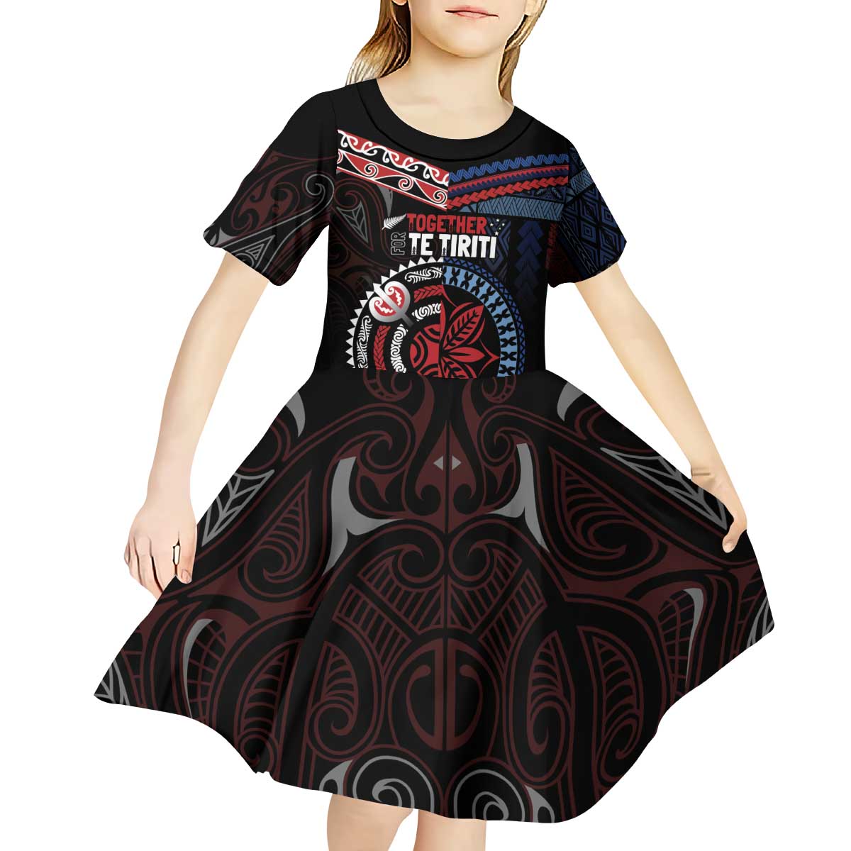 Aotearoa and Samoa Together For Te Tiriti Kid Short Sleeve Dress Kowhaiwhai Mix Siapo - Flag Color LT7 - Polynesian Pride