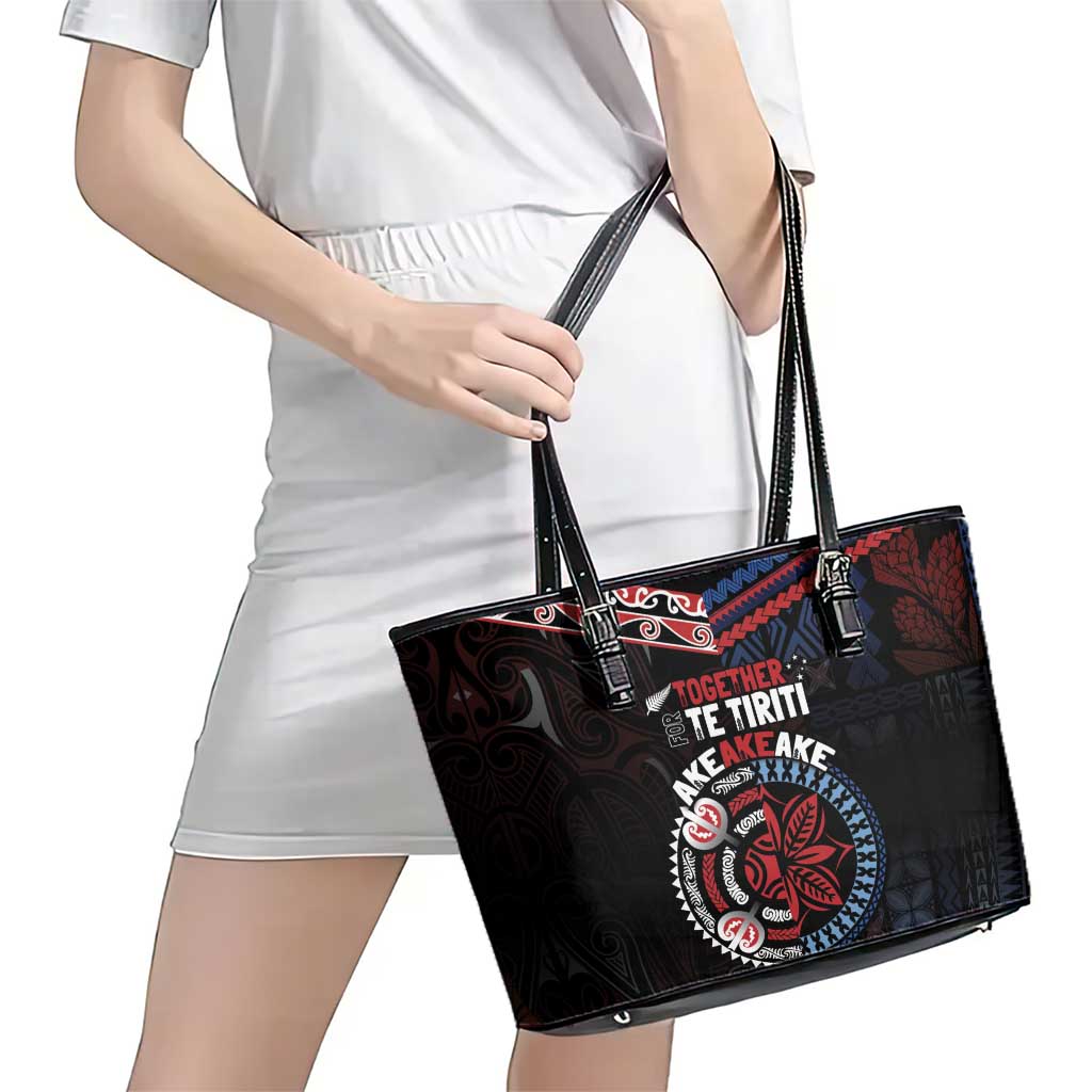 Aotearoa and Samoa Together For Te Tiriti Leather Tote Bag Kowhaiwhai Mix Siapo - Flag Color LT7 - Polynesian Pride