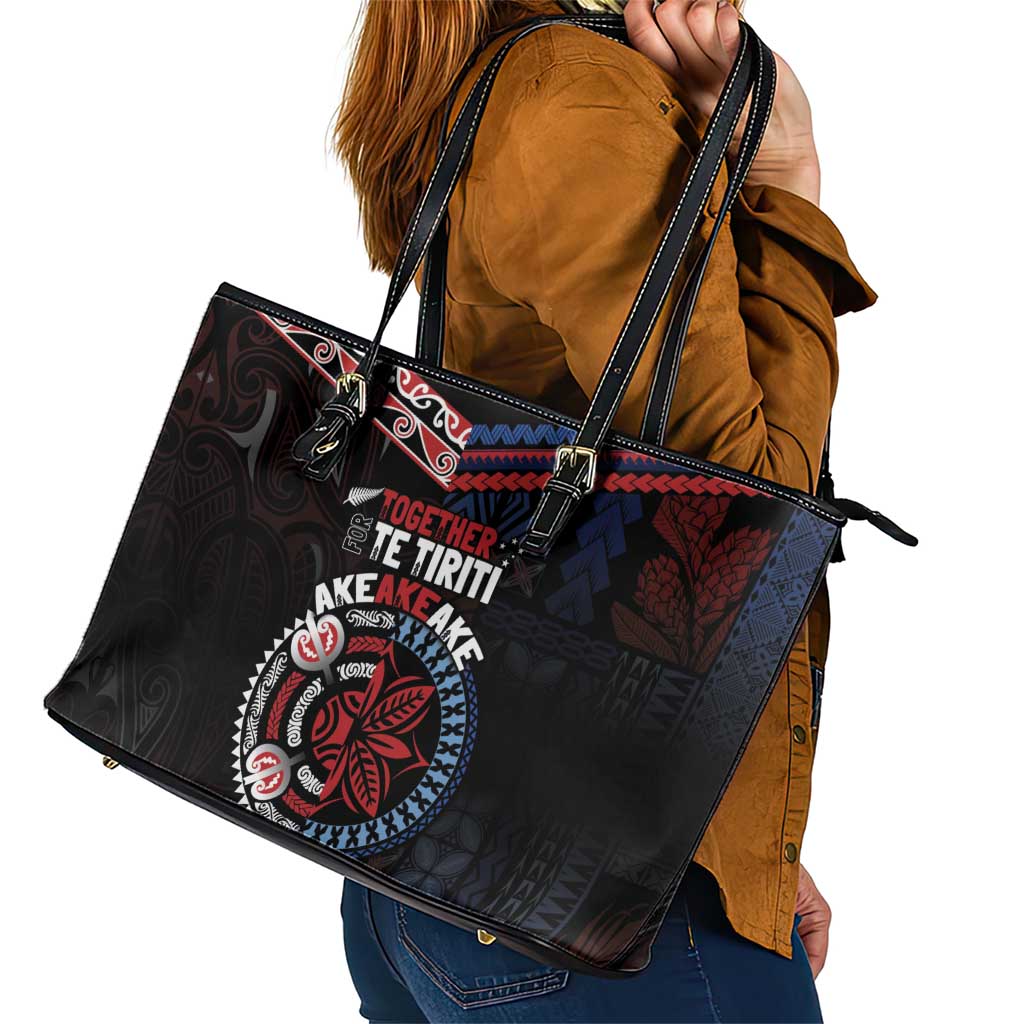 Aotearoa and Samoa Together For Te Tiriti Leather Tote Bag Kowhaiwhai Mix Siapo - Flag Color LT7 - Polynesian Pride