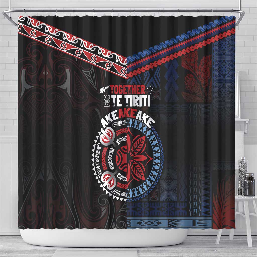 Aotearoa and Samoa Together For Te Tiriti Shower Curtain Kowhaiwhai Mix Siapo - Flag Color