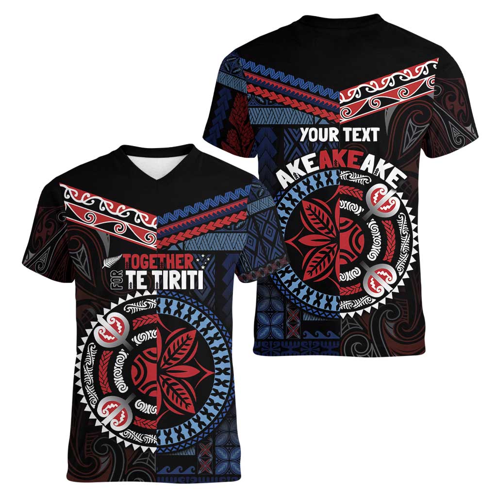 Aotearoa and Samoa Together For Te Tiriti Women V-Neck T-Shirt Kowhaiwhai Mix Siapo - Flag Color