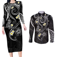 Polynesia Tribal Couples Matching Long Sleeve Bodycon Dress and Long Sleeve Button Shirt Tentacles Plumeria LT7 Black - Polynesian Pride