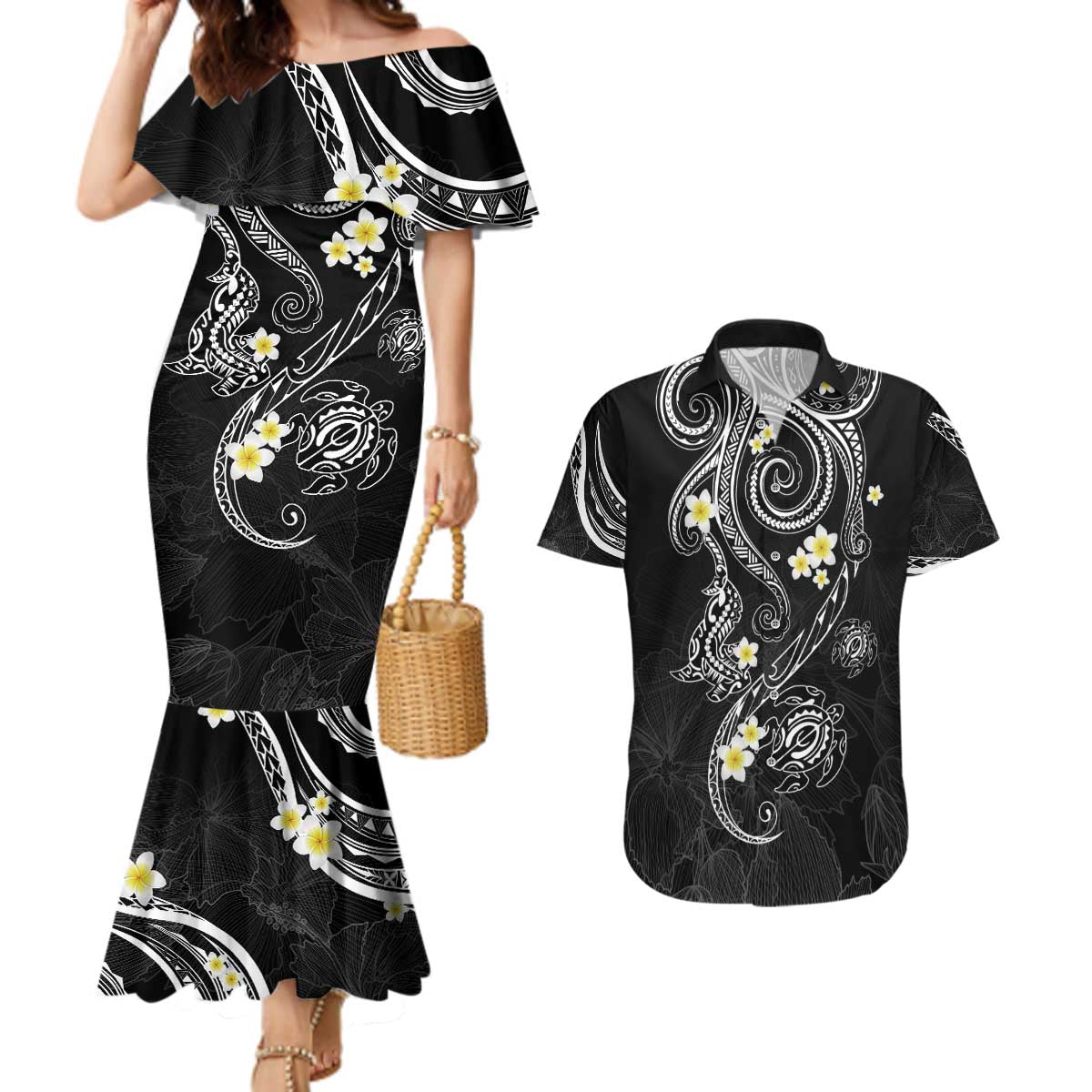 Polynesia Tribal Couples Matching Mermaid Dress and Hawaiian Shirt Tentacles Plumeria
