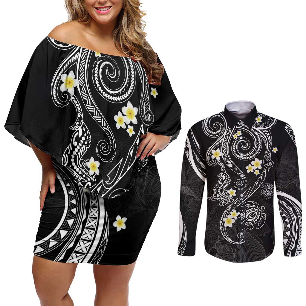 Polynesia Tribal Couples Matching Off Shoulder Short Dress and Long Sleeve Button Shirt Tentacles Plumeria LT7 Black - Polynesian Pride