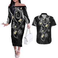 Polynesia Tribal Couples Matching Off The Shoulder Long Sleeve Dress and Hawaiian Shirt Tentacles Plumeria LT7 Black - Polynesian Pride