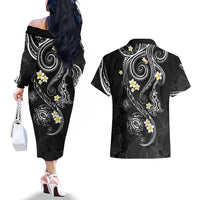 Polynesia Tribal Couples Matching Off The Shoulder Long Sleeve Dress and Hawaiian Shirt Tentacles Plumeria LT7 - Polynesian Pride