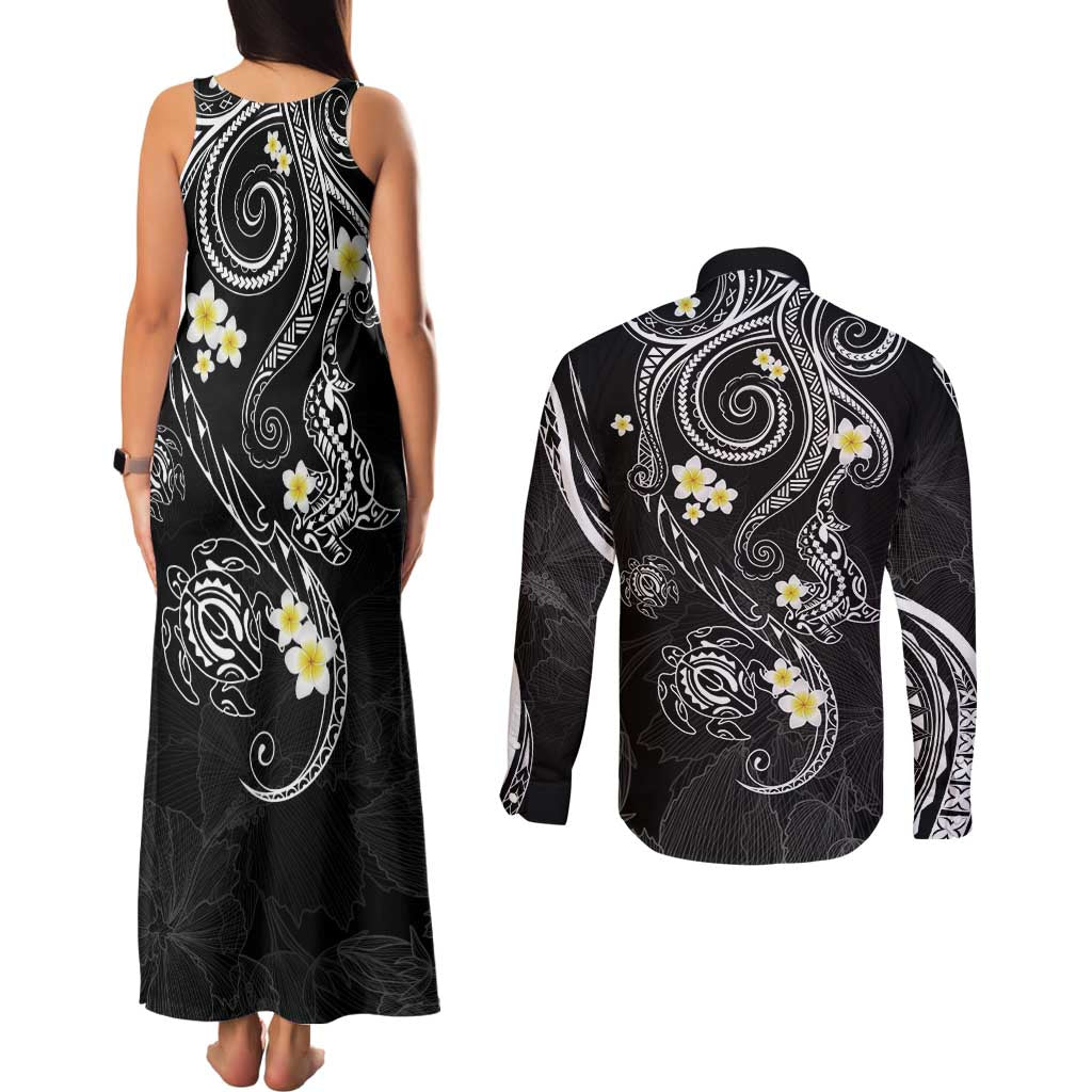 Polynesia Tribal Couples Matching Tank Maxi Dress and Long Sleeve Button Shirt Tentacles Plumeria