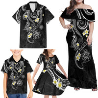 Polynesia Tribal Family Matching Off Shoulder Maxi Dress and Hawaiian Shirt Tentacles Plumeria