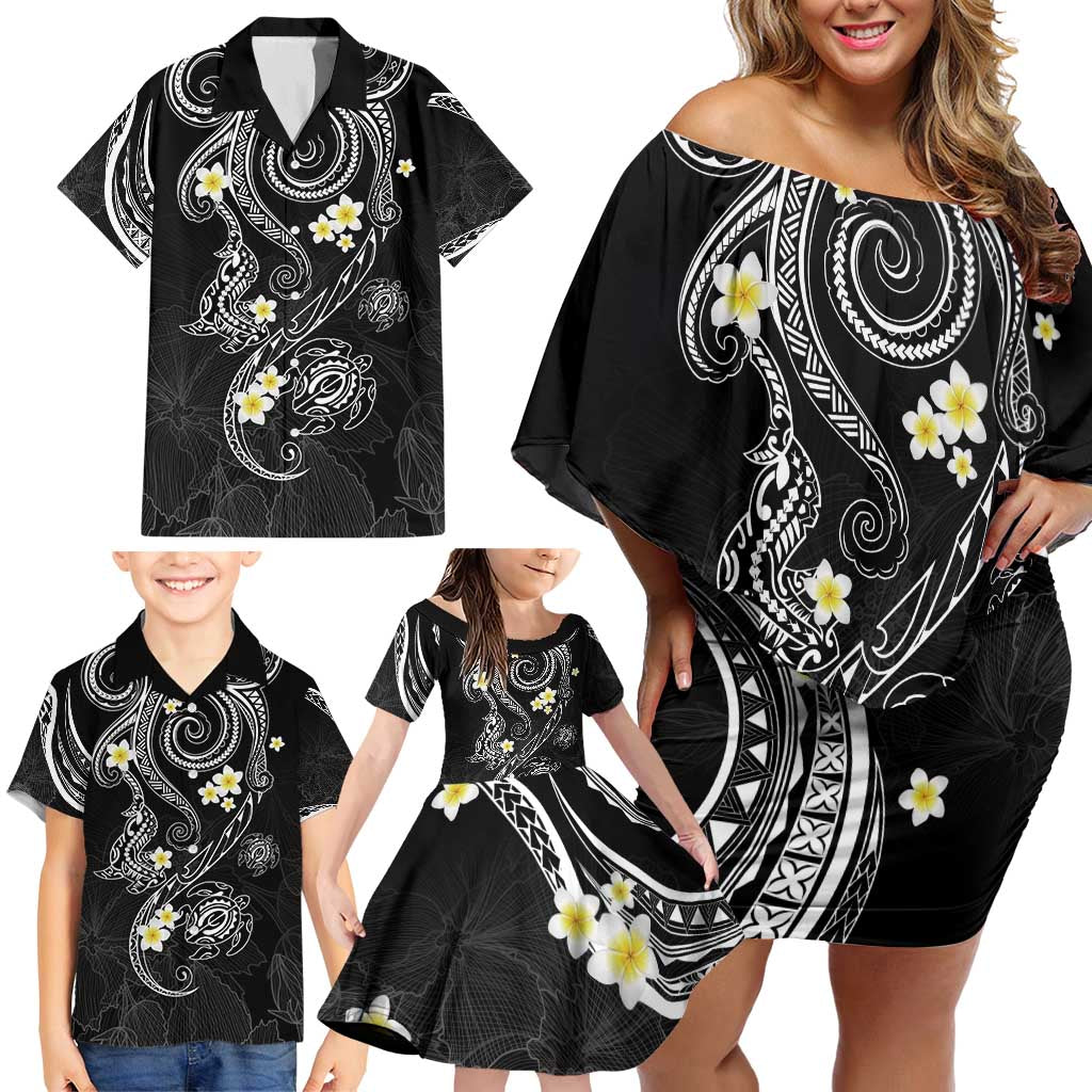 Polynesia Tribal Family Matching Off Shoulder Short Dress and Hawaiian Shirt Tentacles Plumeria
