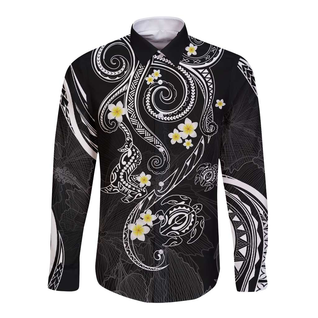 Polynesia Tribal Long Sleeve Button Shirt Tentacles Plumeria LT7 Unisex Black - Polynesian Pride