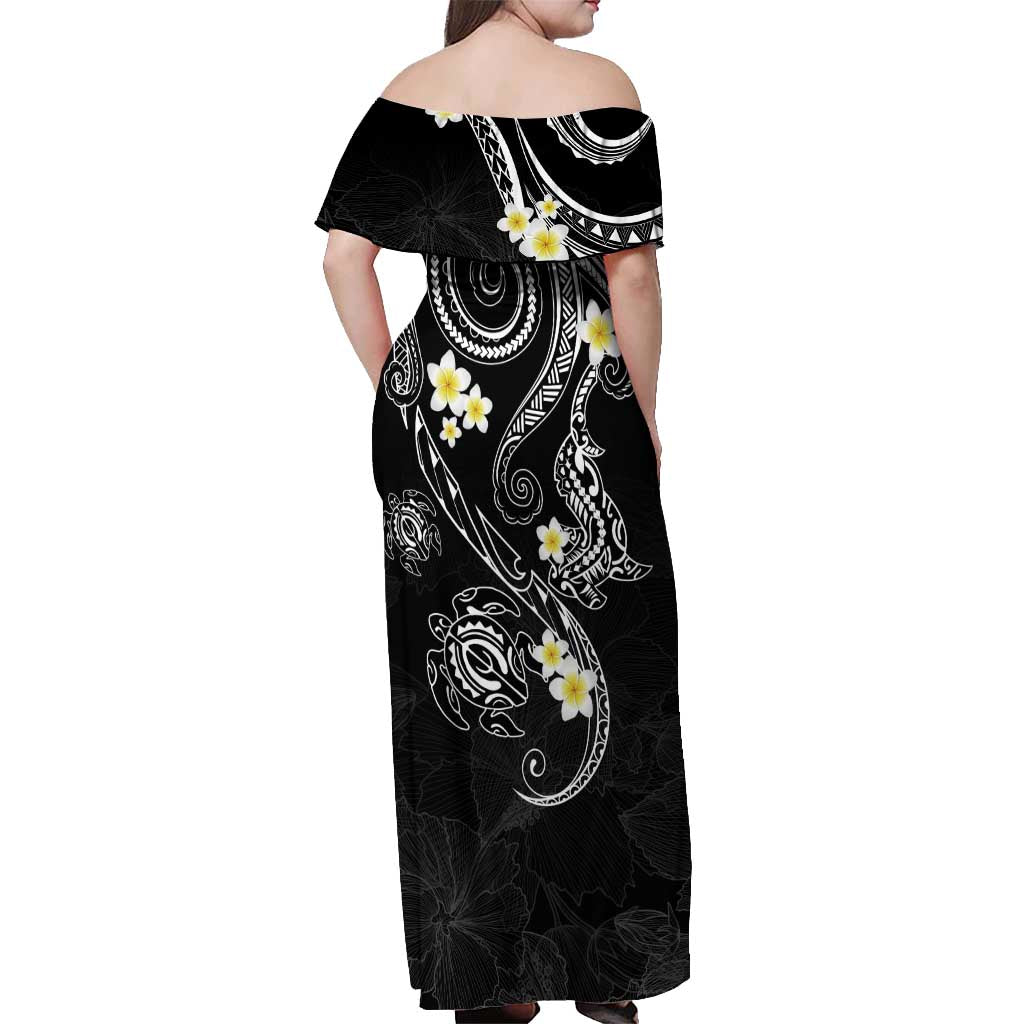 Polynesia Tribal Off Shoulder Maxi Dress Tentacles Plumeria