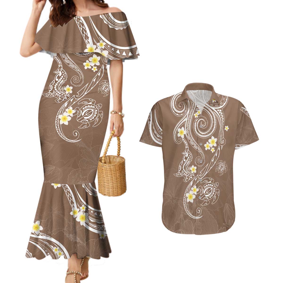 Polynesia Tribal Couples Matching Mermaid Dress and Hawaiian Shirt Mocha Plumeria Tentacles LT7 Mocha - Polynesian Pride