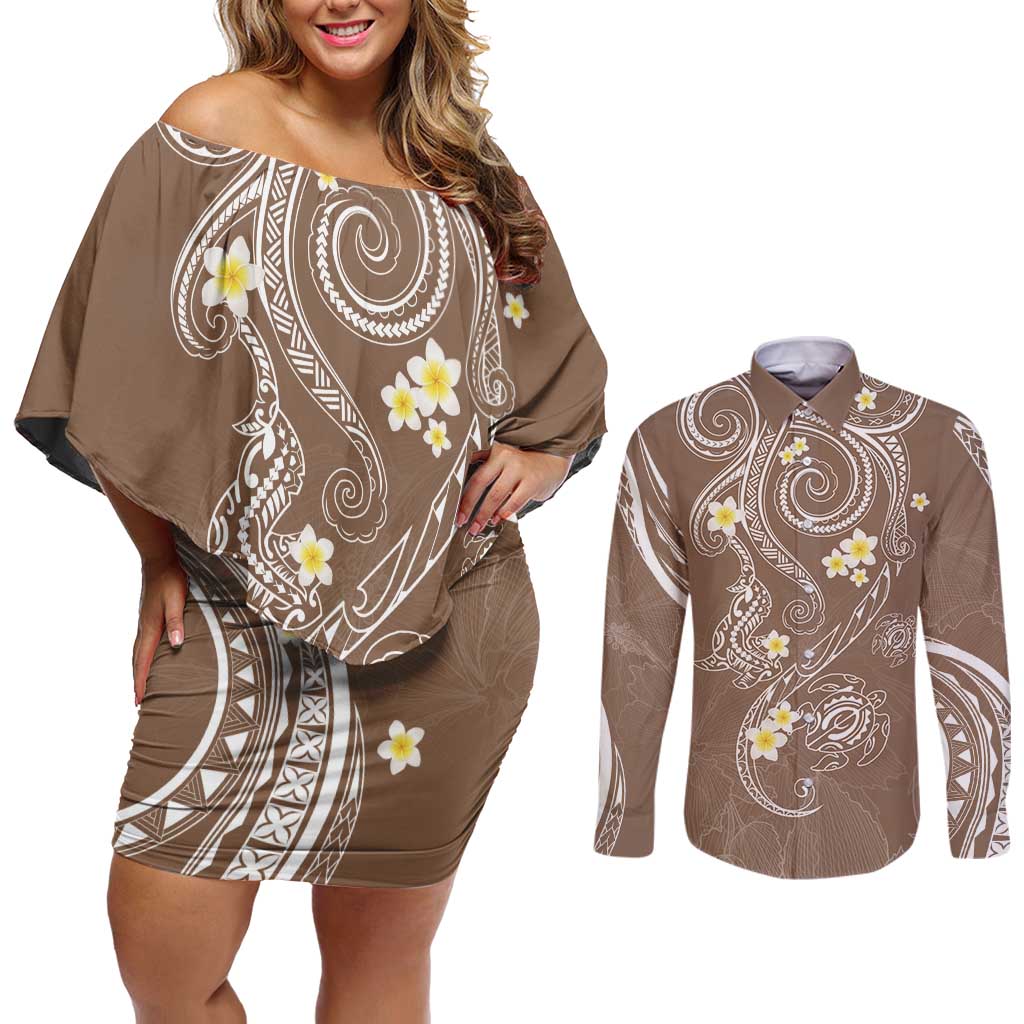 Polynesia Tribal Couples Matching Off Shoulder Short Dress and Long Sleeve Button Shirt Mocha Plumeria Tentacles LT7 Mocha - Polynesian Pride