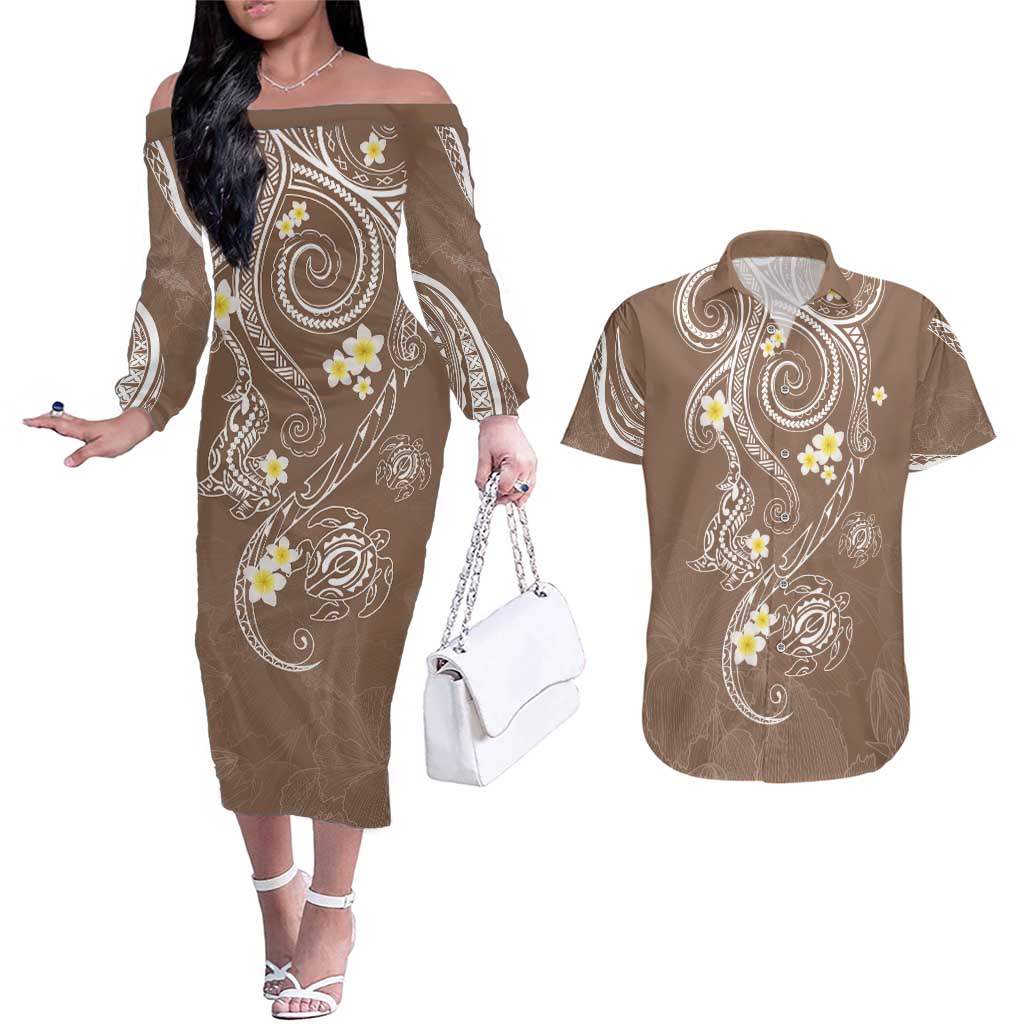 Polynesia Tribal Couples Matching Off The Shoulder Long Sleeve Dress and Hawaiian Shirt Mocha Plumeria Tentacles LT7 Mocha - Polynesian Pride