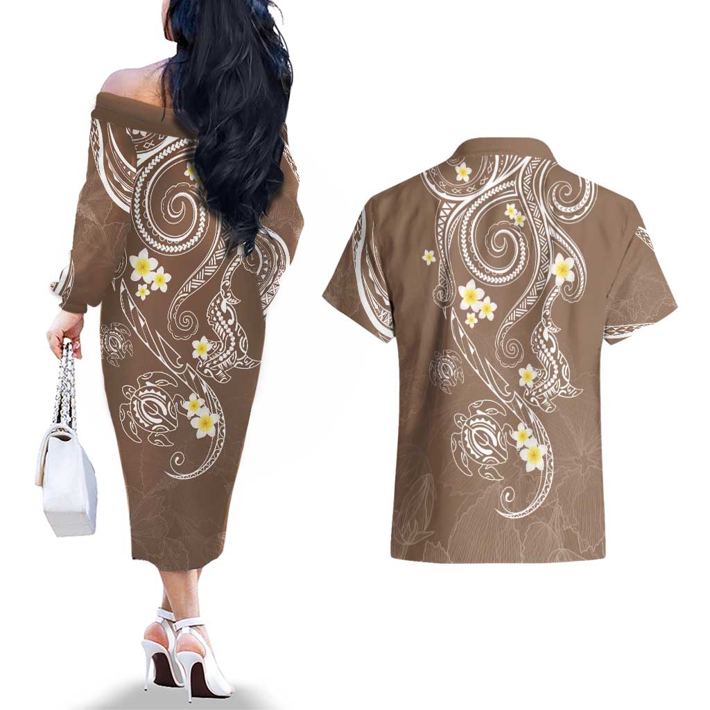 Polynesia Tribal Couples Matching Off The Shoulder Long Sleeve Dress and Hawaiian Shirt Mocha Plumeria Tentacles LT7 - Polynesian Pride