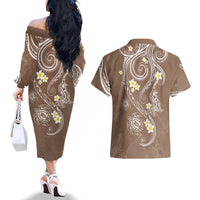 Polynesia Tribal Couples Matching Off The Shoulder Long Sleeve Dress and Hawaiian Shirt Mocha Plumeria Tentacles LT7 - Polynesian Pride