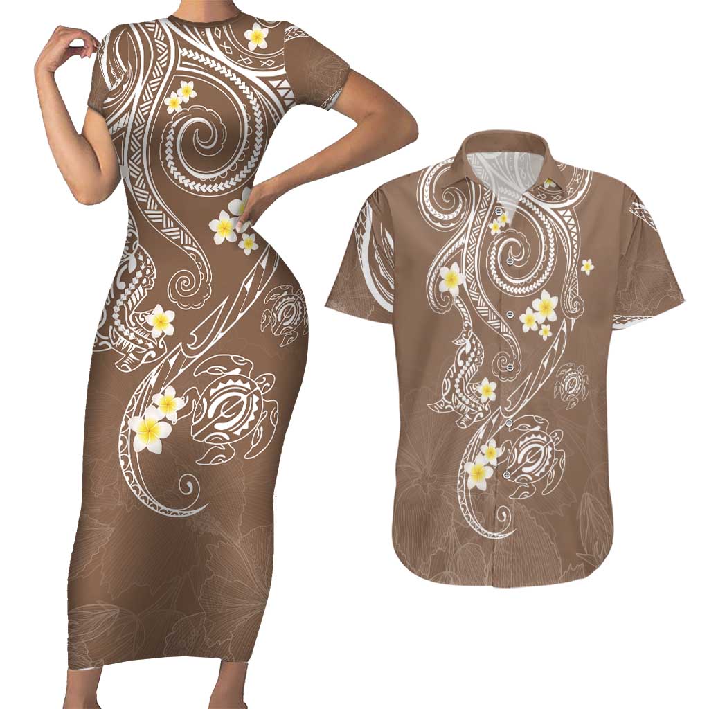 Polynesia Tribal Couples Matching Short Sleeve Bodycon Dress and Hawaiian Shirt Mocha Plumeria Tentacles LT7 Mocha - Polynesian Pride