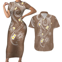 Polynesia Tribal Couples Matching Short Sleeve Bodycon Dress and Hawaiian Shirt Mocha Plumeria Tentacles LT7 Mocha - Polynesian Pride