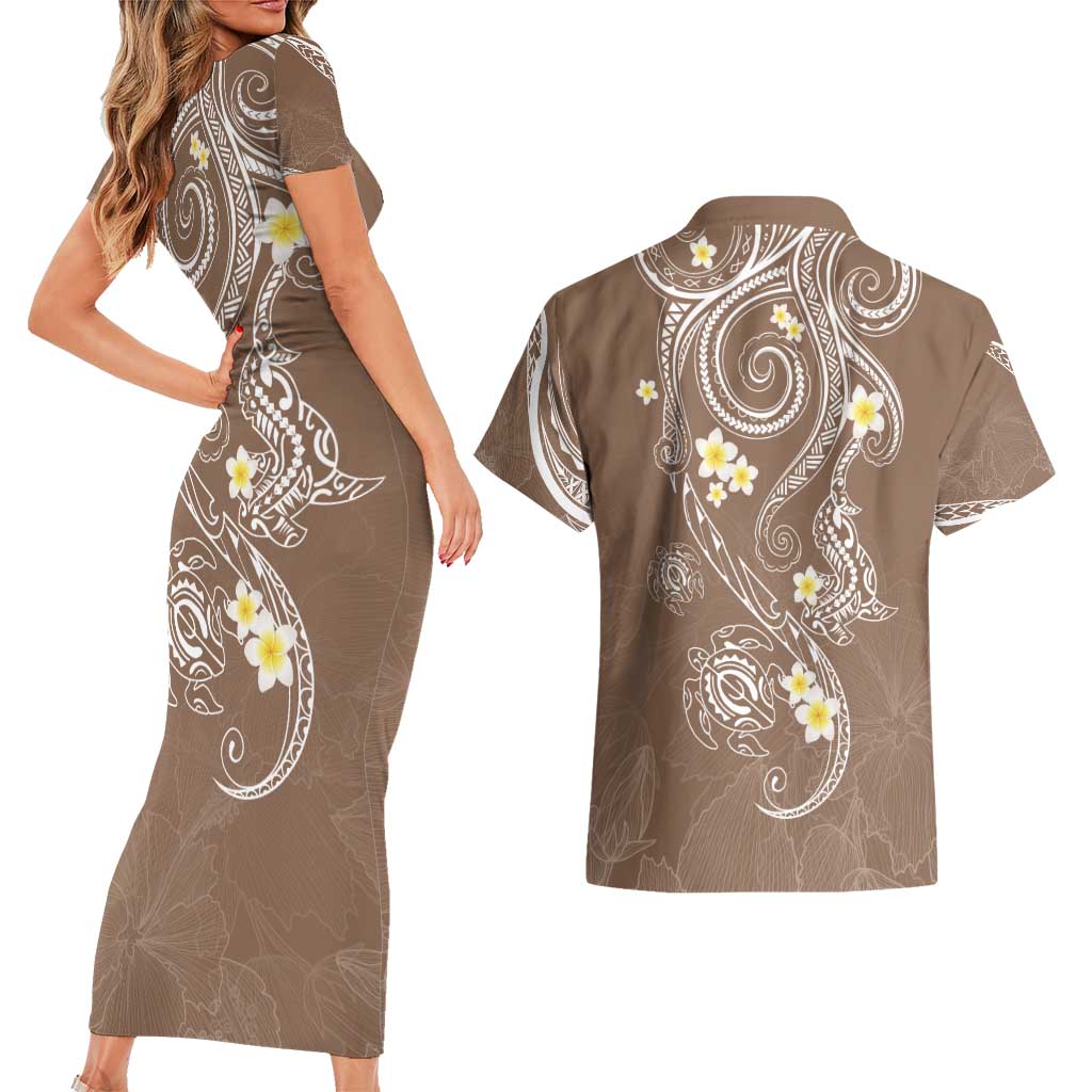 Polynesia Tribal Couples Matching Short Sleeve Bodycon Dress and Hawaiian Shirt Mocha Plumeria Tentacles LT7 - Polynesian Pride