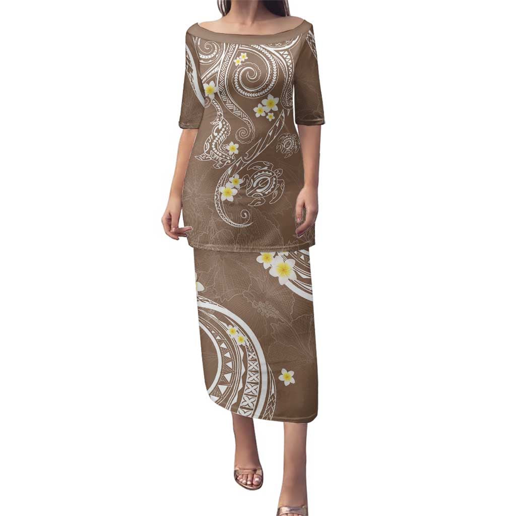 Polynesia Tribal Family Matching Puletasi and Hawaiian Shirt Mocha Plumeria Tentacles